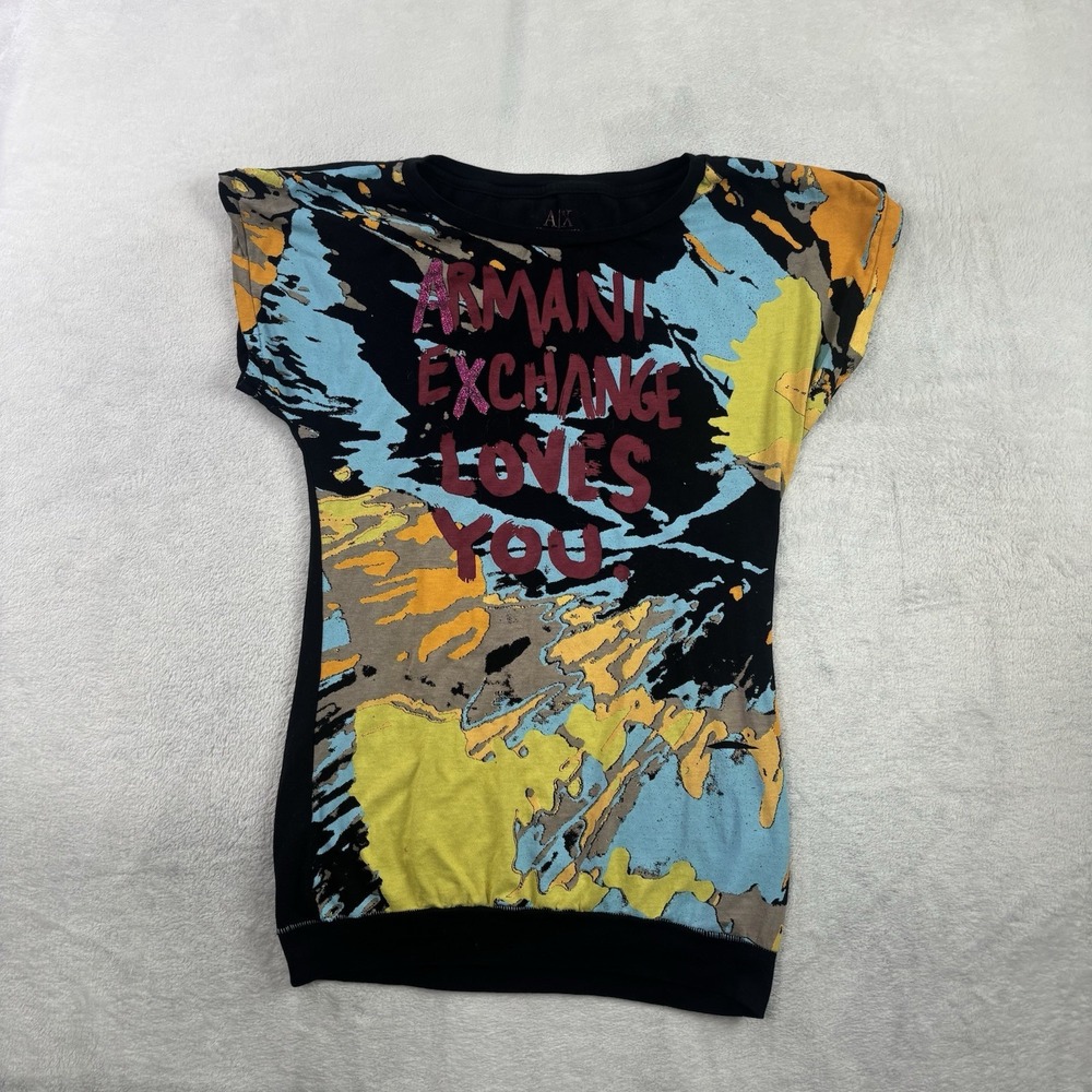 Y2K Armani Exchange Loves You Paint Splatter Black Graphic Baby Doll Top Women S